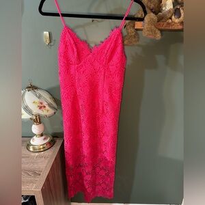 Bardot Hot Pink Lace Midi Dress XS Spaghetti Strap Floral Lace Cocktail Party